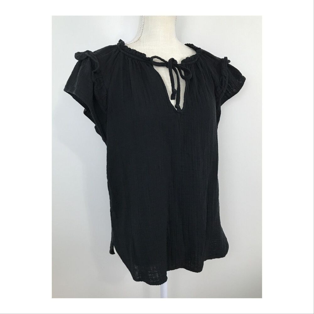 Gap Women Blouse Small Tall Tie Front Flutter Cap Sleeve Gauze 100% Cotton Black